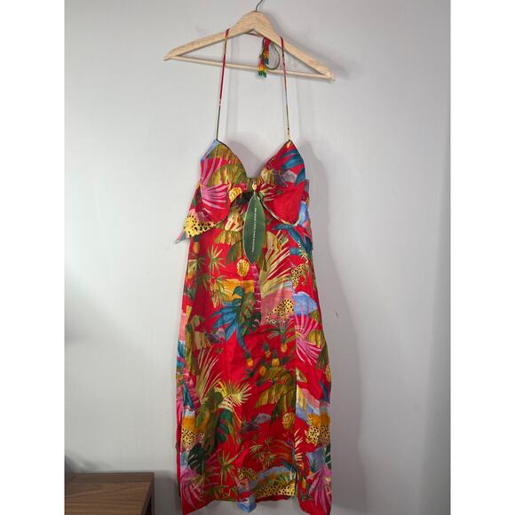 NWT Farm Rio Halter Neck Tropical Jungle Bow Midi Dress Multicolor Size: Small - Picture 2 of 8